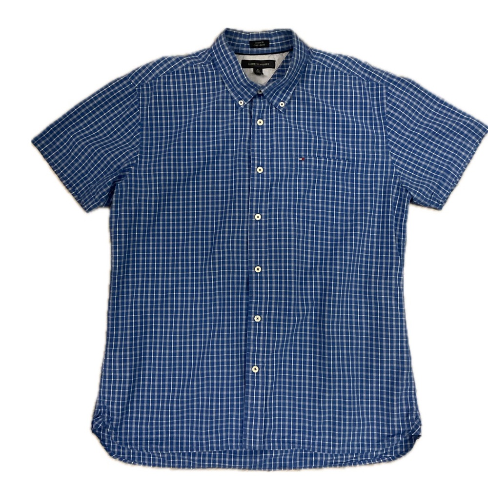 Tommy Hilfiger Custom Fit Windowpane Button down Short Sleeve Shirt